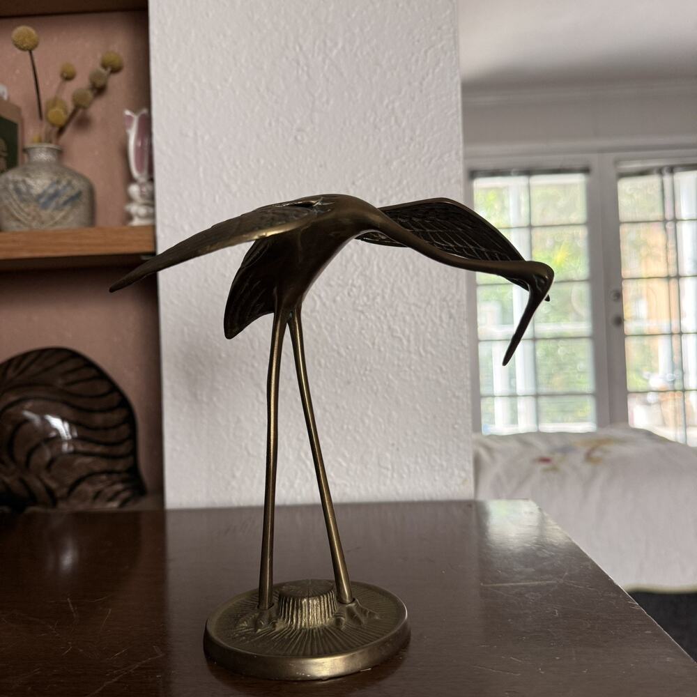 Vintage Mid Century Brass Crane Egret Heron Made Korea Asian Inspired Figurine